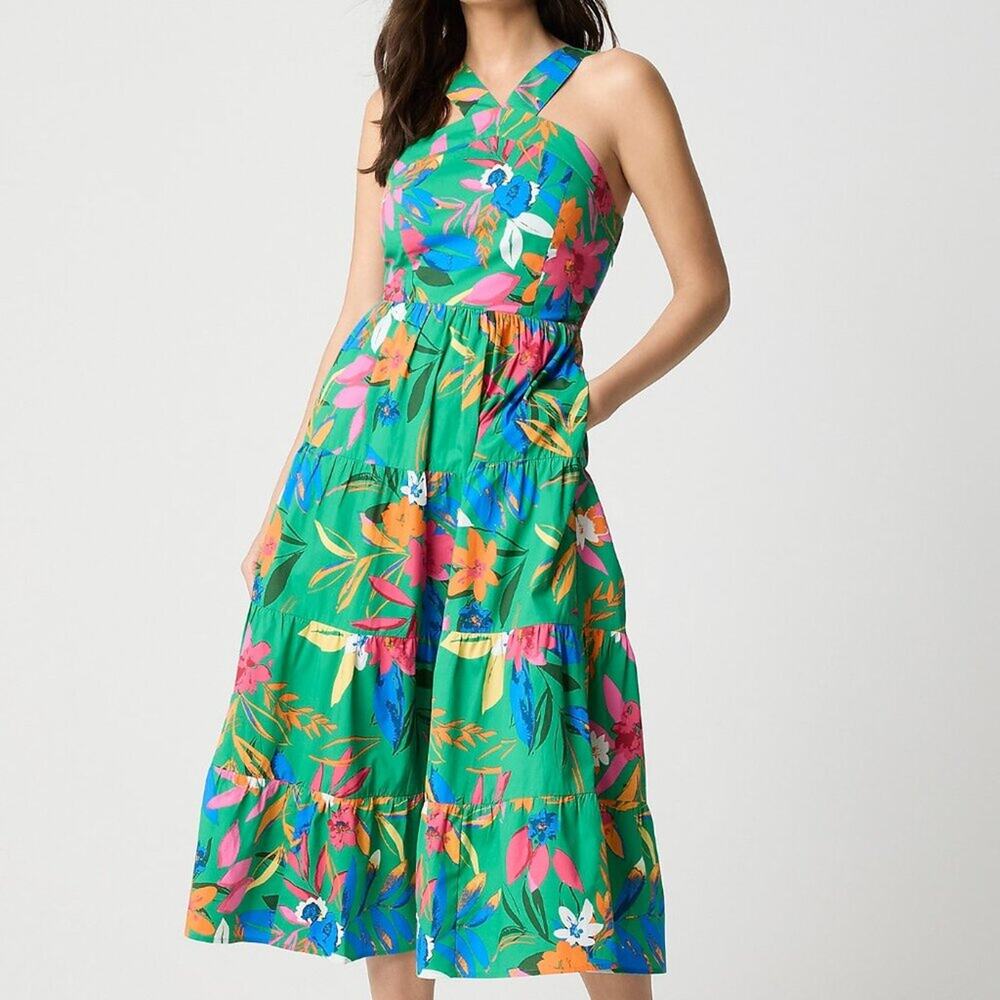 NWT J Crew Factory Print Tiered Halter Midi Dress Bright Clover Multi 14